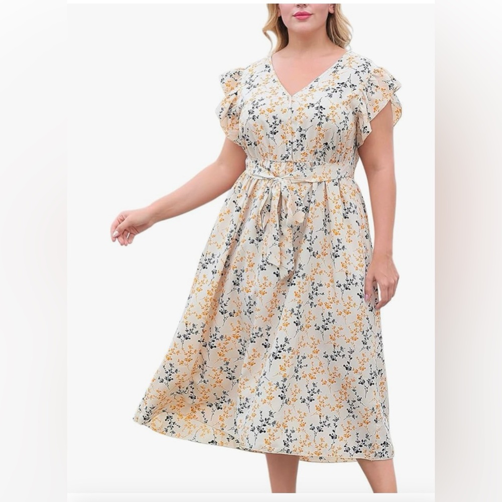 Vintage-Floral Cottagecore Style Print V-Neck Dress  Sz 26